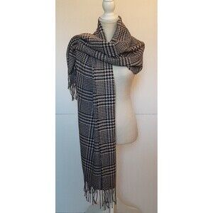 Unisex Dark Blue and Beige Houndstooth Winter Scarf w/Fringe 25X72